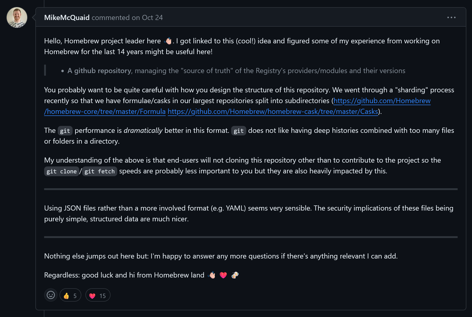 A screenshot of Mike McQuaid’s comments, contributing to the discussion about using Homebrew as a model for OpenTofu’s public registry.